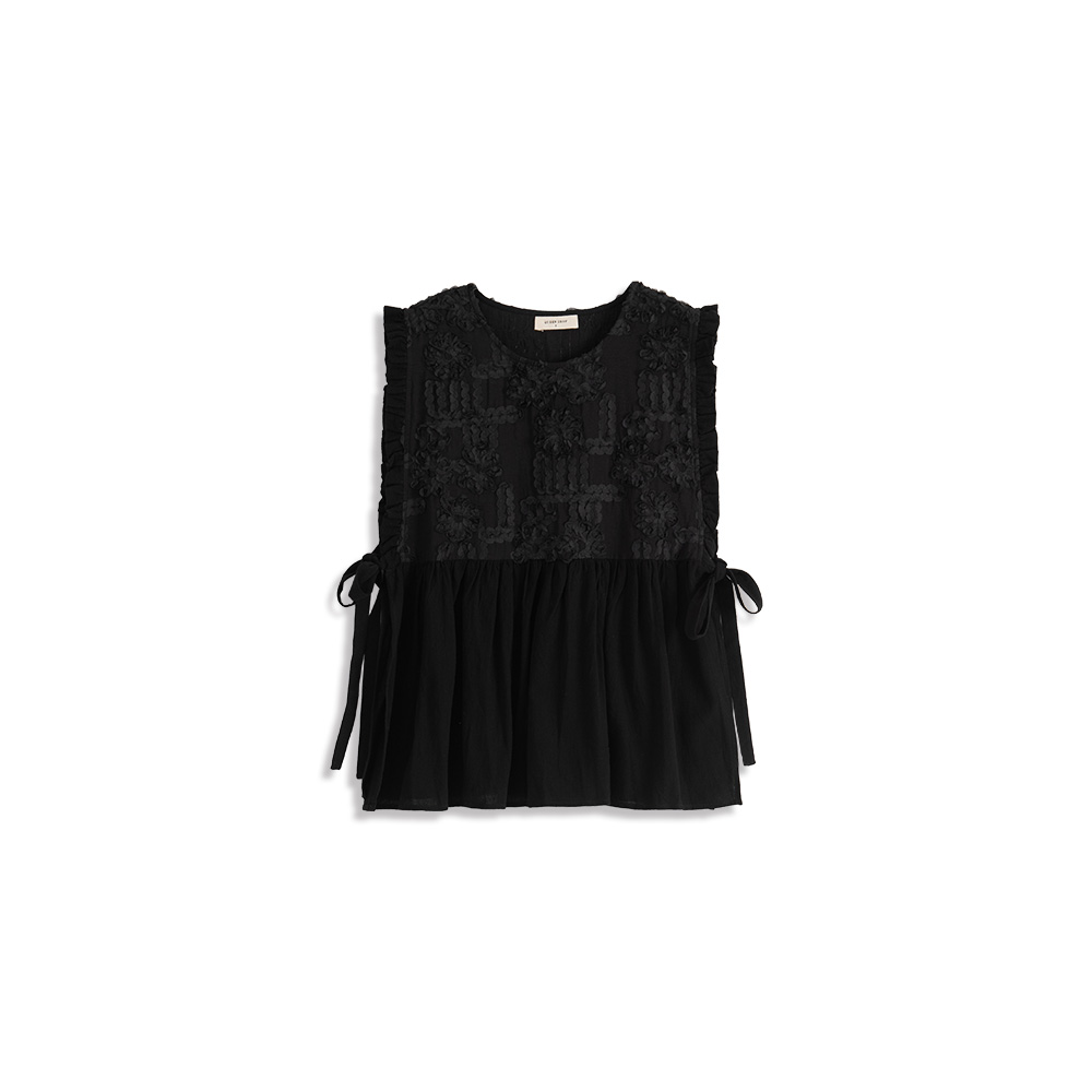 質感緹花荷葉設計側綁帶背心