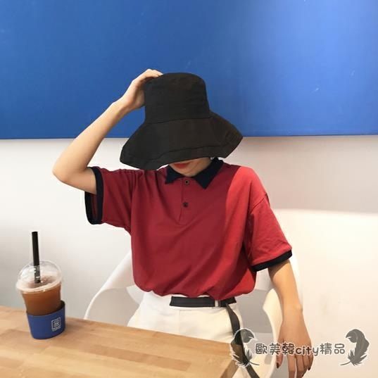 polo衫 夏裝女裝寬鬆撞色短袖polo領T恤上衣學生學院風情侶衫打底衫 - 歐美韓