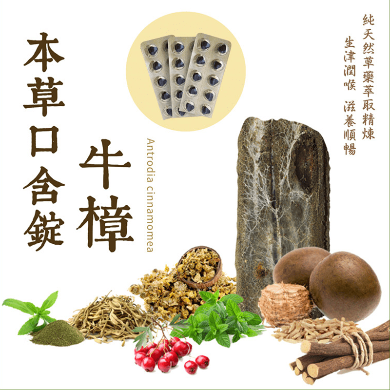 牛樟芝本草潤喉口含錠，生津潤喉，清涼解渴，更能促進食欲、退火氣，使口氣芬芳，促進拓液分泌！14種草藥濃縮萃取，如桔梗、陳皮、山楂、甜菊等，可做為平時保養，每日服食！