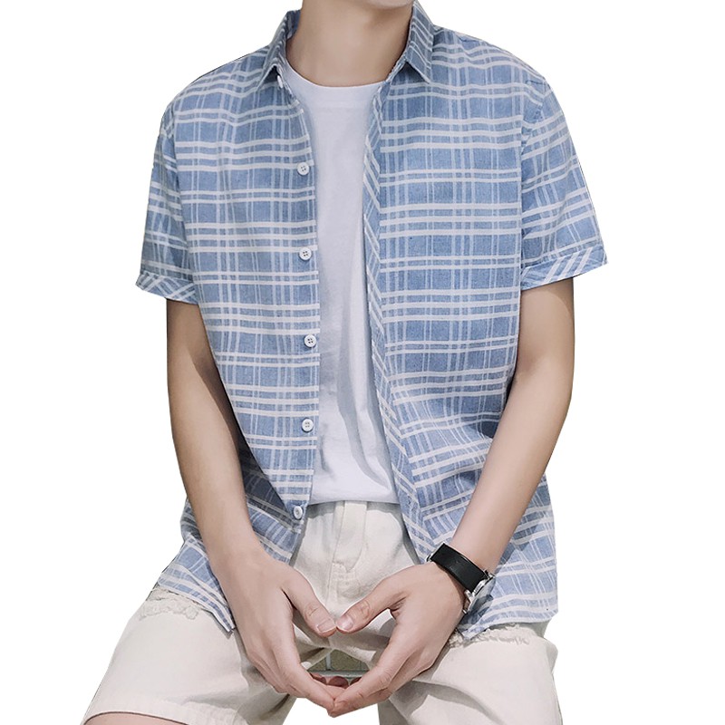 格子襯衫 短袖襯衫 日系正韓男生衣服 寬鬆顯瘦休閒服飾 出國必備沙灘歐美學院風 學生情侶裝 現貨禮物 格紋男友風ZY