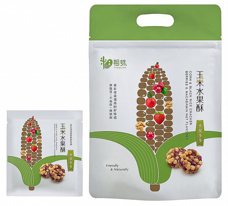 使用台灣花蓮原生種玉米為主原料、搭配整顆優質未抽果汁之蔓越莓乾、蘋果乾、草莓乾，並特別添加養生的核桃，健康零食最佳選擇。