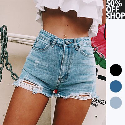 50%OFF SHOP高腰側邊抓破包臀牛仔短褲【003250BBAH】
