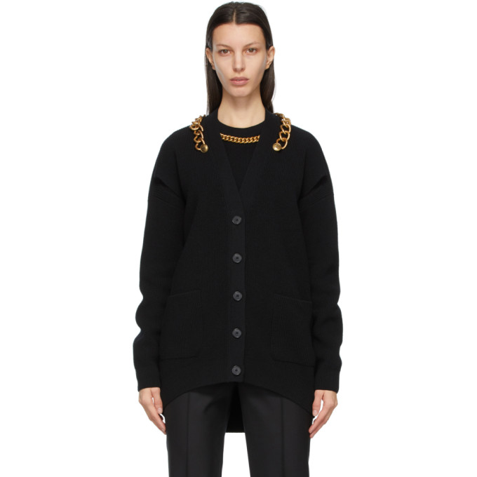 黑色长袖开衫，采用羊毛和羊绒混纺罗纹针织面料。· Y 领链带和徽标五金· 纽扣前襟· 复古青铜色五金供应商配色：Black