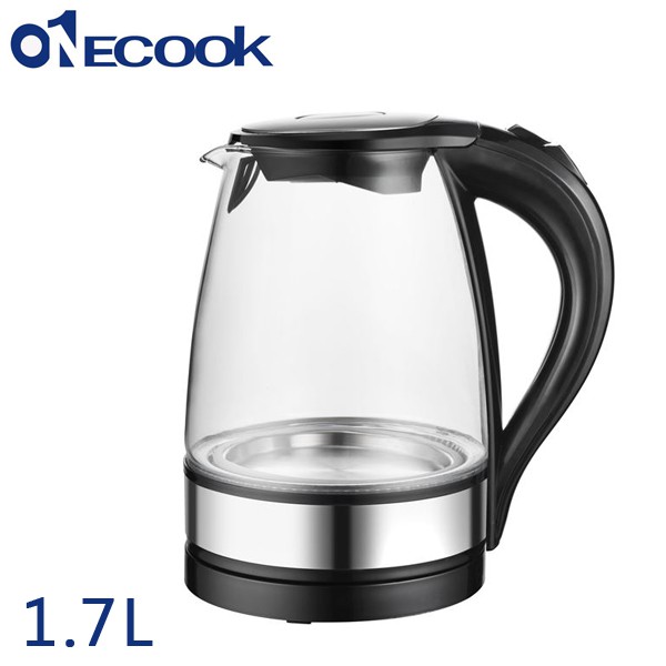 Onecook玩酷客1.7L玻璃彩光養生壺/快煮壺/電茶壺 EK-1525G 商品特色： ◆玻璃壺體內置藍光LED燈 ◆304#不鏽鋼發熱盤 ◆360°無方向性電源連接座 ◆彈升式上蓋內覆304#不鏽