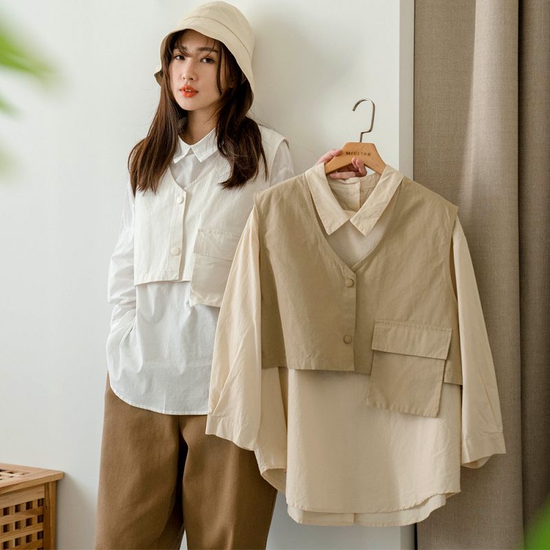 ★85折★兩件式！大口袋排釦背心+棉麻襯衫(共3色)0302 預購【NJ0521】