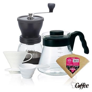 TCoffee 57折↘日本HARIO手作咖啡五件組 磨豆機、濾杯、黑色咖啡壺、濾紙100張、贈量匙