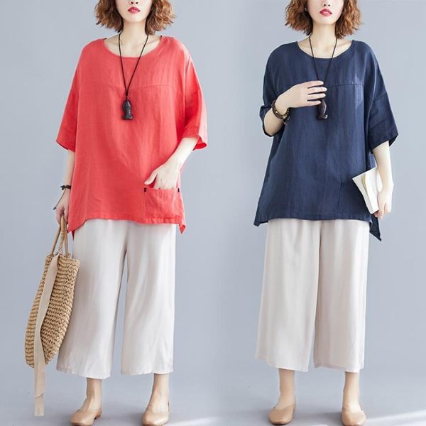 棉麻兩件套女夏季新款mm休閒寬鬆大碼女裝上衣 闊腿褲套裝