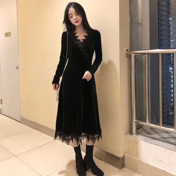 秋季洋裝女長袖新款韓版絲絨打底蕾絲黑色禮服名媛氣質長裙