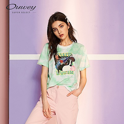 OUWEY歐薇 正韓直送 COOL狗植絨札染燙印上衣(粉/綠)