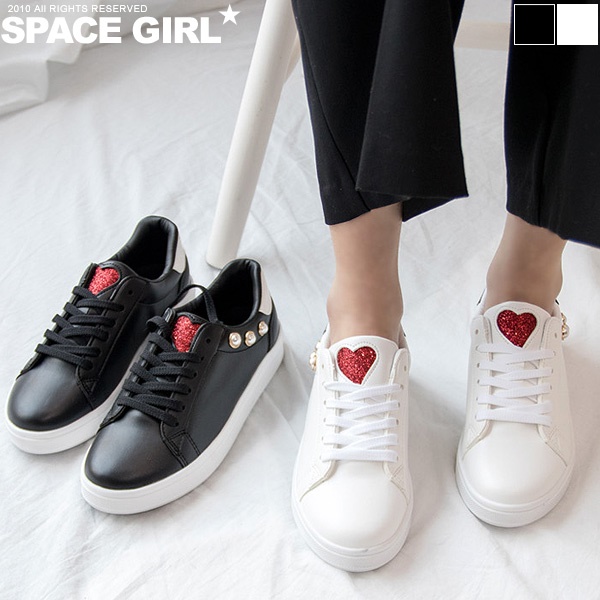 [Space Girl] 亮粉愛心珍珠裝飾休閒鞋