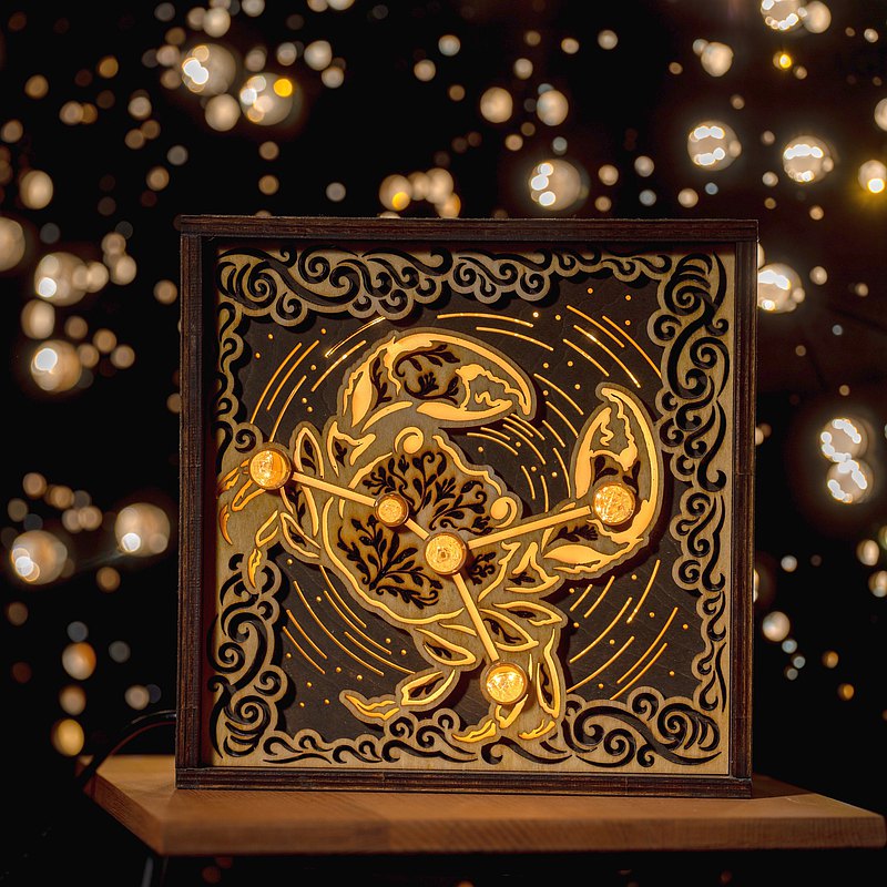 【星座小夜燈 - 巨蟹座】木製天然白水晶燈飾擺設