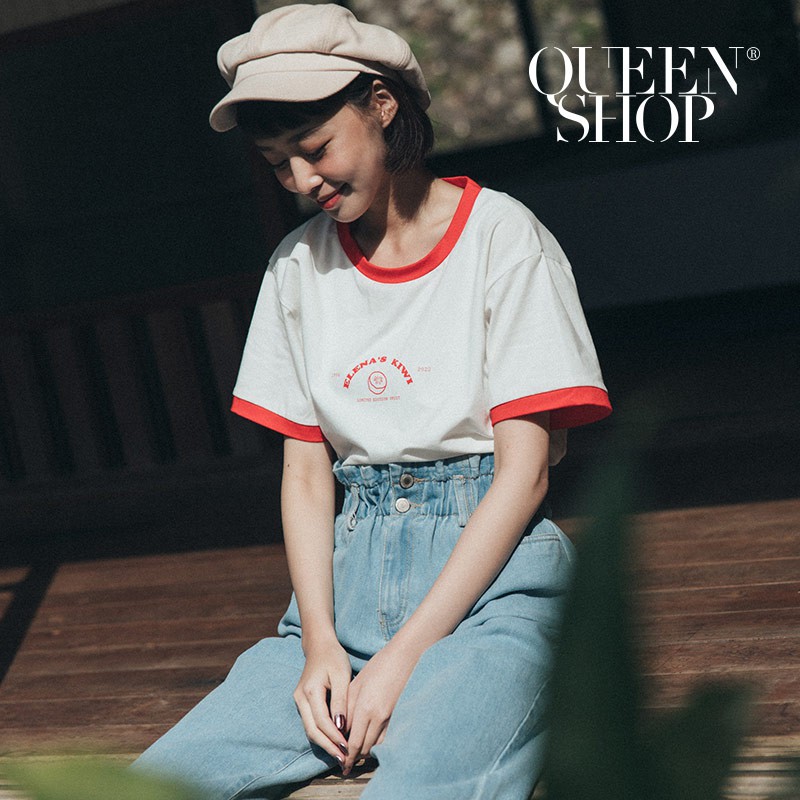 配色滾邊kiwi印圖短T親膚舒適棉質配色滾邊增添活力感可愛俏皮的kiwi印圖搭配牛仔褲活潑有型～