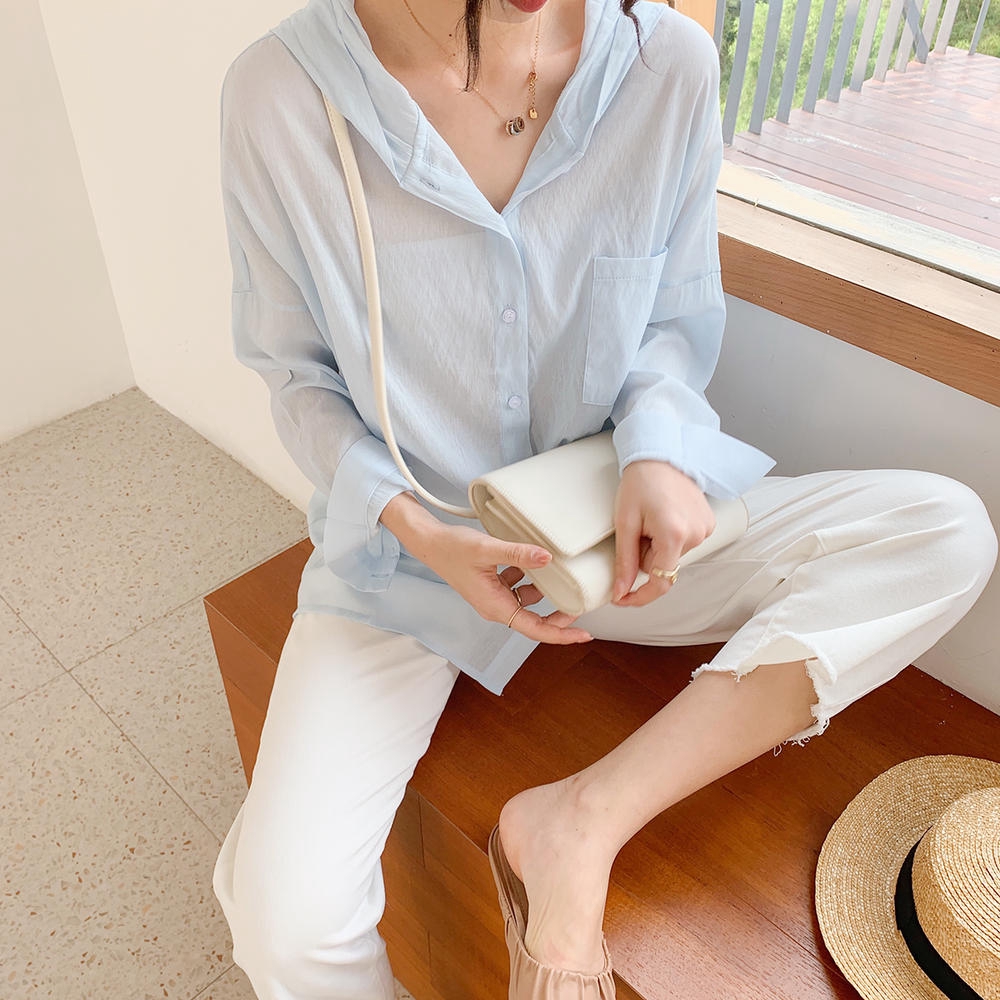 28861五色可選 夏季防曬必備 寬鬆防曬空調衫連帽襯衫