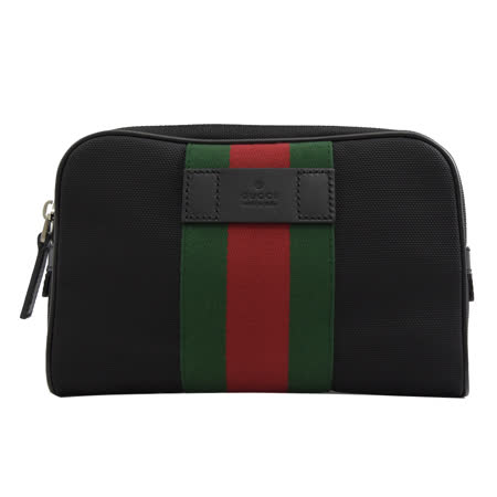 GUCCI 專櫃商品 630916 綠紅綠織帶帆布皮飾邊大手拿萬用包.黑
