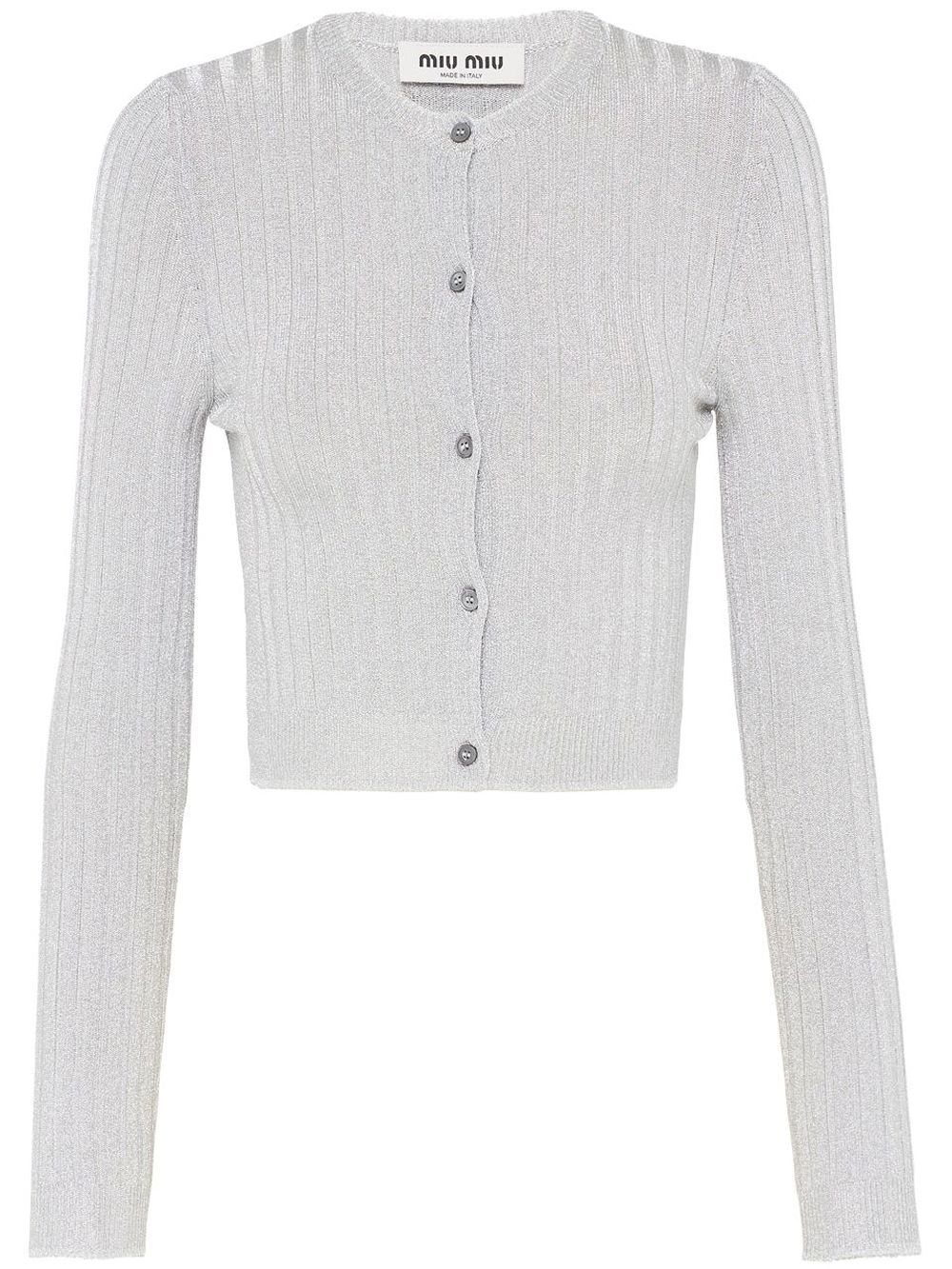 Miu Miu - Lamé ribbed-knit cropped cardigan - women - Viscose/Spandex/Elastane/Polyamide/Metallic Fibre - 40 - Grey