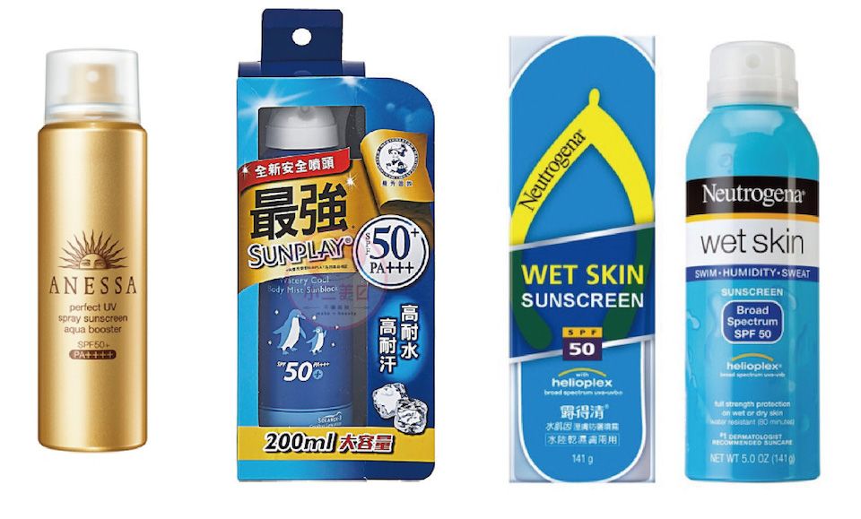 露得清 水肌因溼膚防曬噴霧 SPF50+ PA+++/Broad Spectrum 141g，NT499 / 曼秀雷敦 SUNPLAY防曬噴霧 酷涼清爽型 SPF50+ PA+++ 150g，NT450 / 安耐曬金鑽高效防曬噴霧SPF50+ PA++++ 60g，NT600