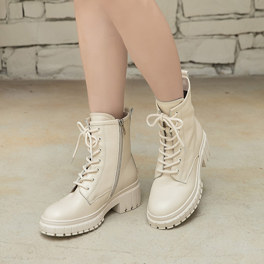 全真皮厚底綁帶馬丁中筒靴400251-淺米白