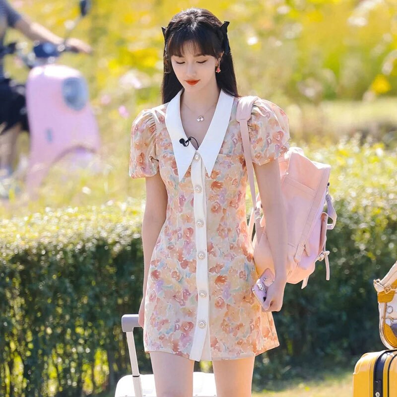 GUCCI_NM孔雪兒明星同款碎花連衣裙繆miu翻領泡泡袖襯衫裙短裙子