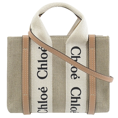 CHLOE Woody Mini系列經典LOGO織布帆布迷你款兩用托特包(淺褐邊)