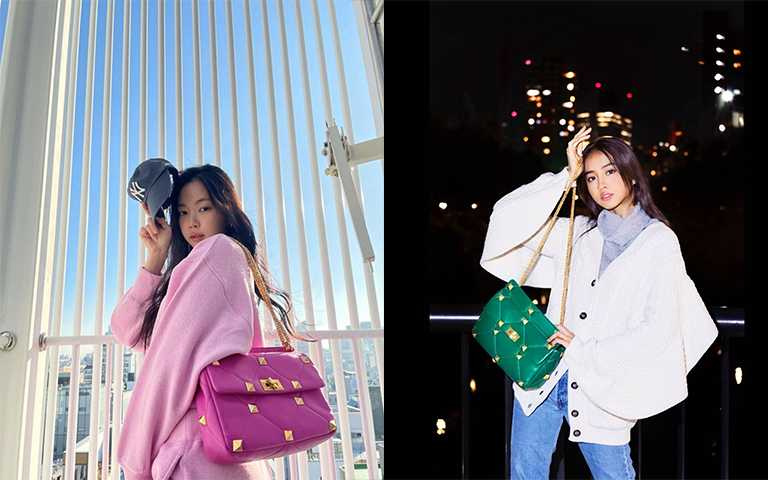  南韓女團Apink成員孫恩娜、木村光希則選擇粉色與綠色包款，展現出年輕世代的活力趣味性。(圖／koki IG，marcellasne_ IG) 