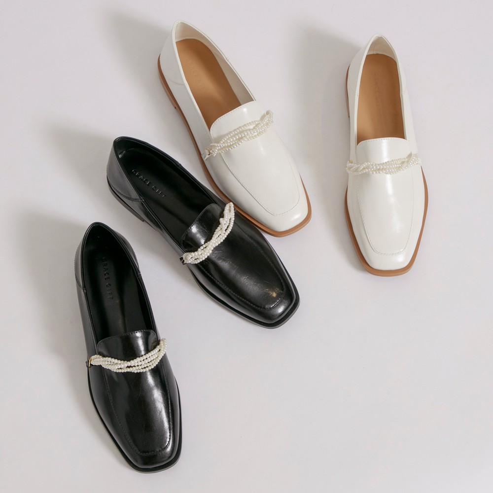 Grace gift-珍珠飾鍊2way平底樂福鞋