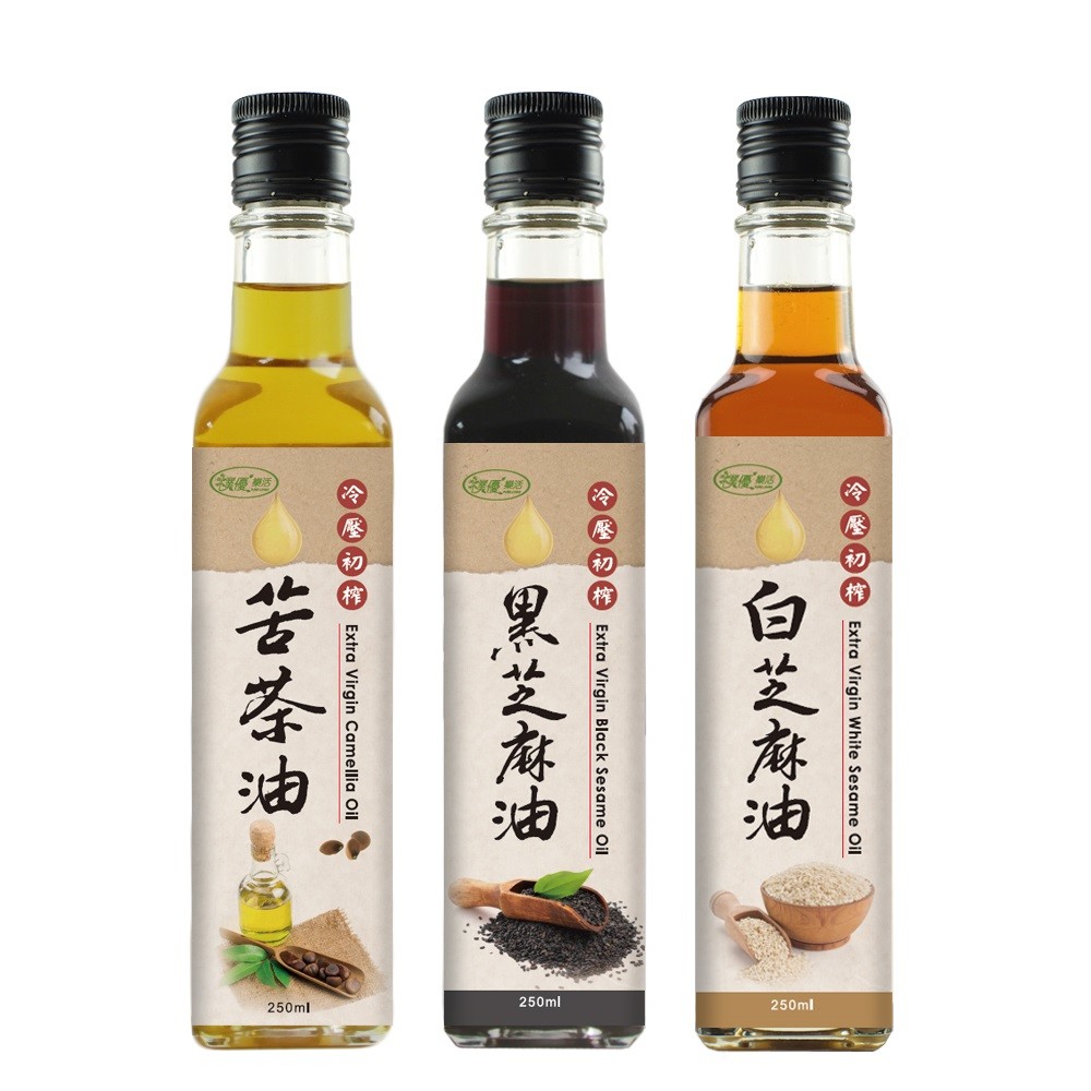 【樸優樂活】冷壓初榨苦茶油+黑白麻油超值組(250ml*3瓶)