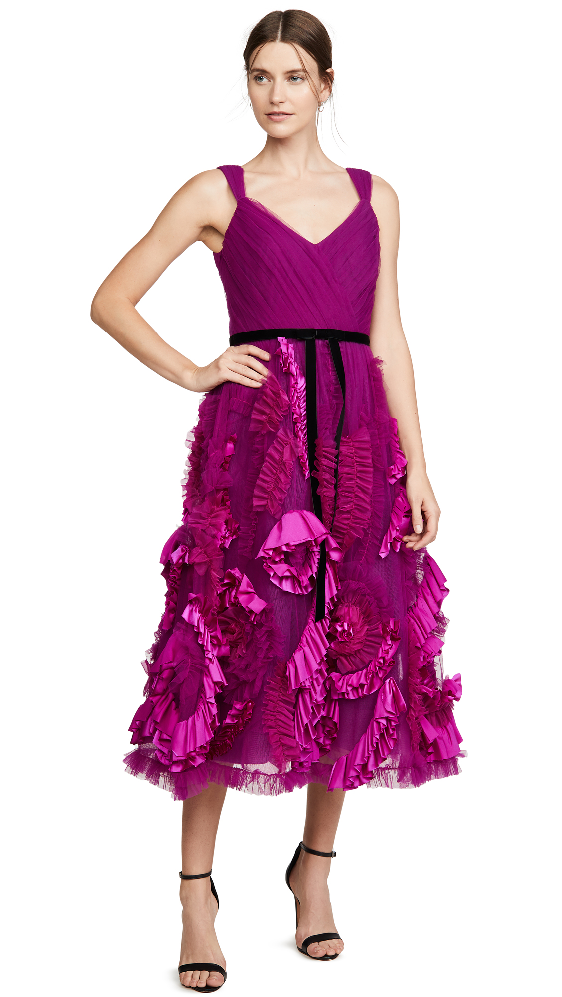 Marchesa Notte Sleeveless Mixed Media Textured Tea-Length Gown