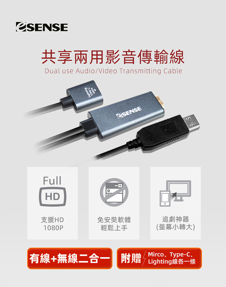 細膩不失真 產 品 規 格 連接介面(至電視)：HDMI A type 1.4v 支援系統：Android5.0以上、iOS 9 10 12以上 電源輸入接頭：USB A公 電源輸入規格：5V 1~2