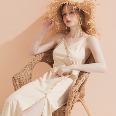 AIR SPACE LADY 復古排釦細肩開衩洋裝(杏)