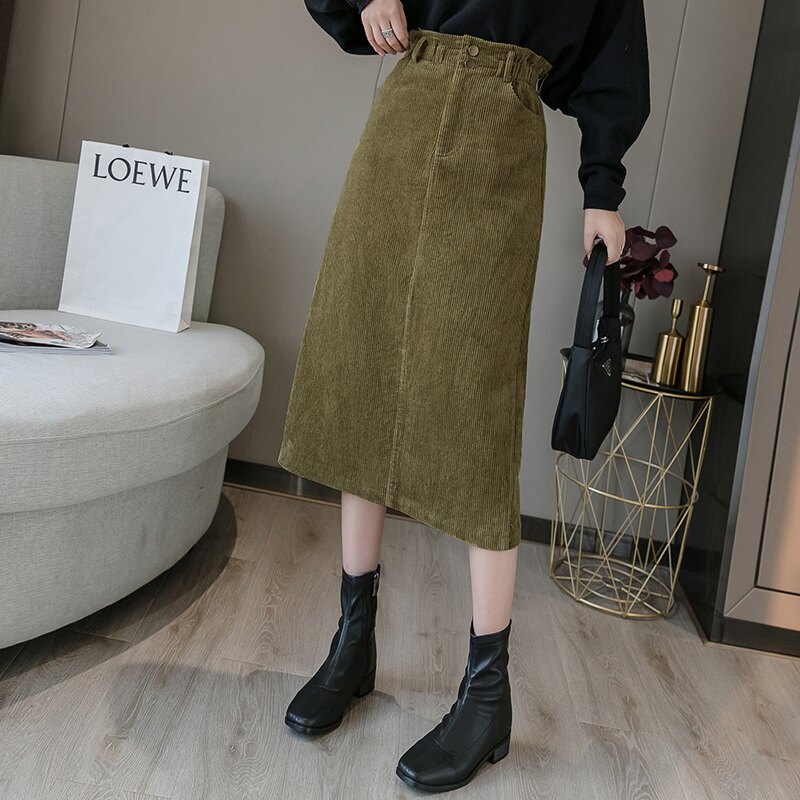 秋冬燈芯絨裙子女2019新款韓版修身顯瘦高腰半身裙中長款a字裙潮1入