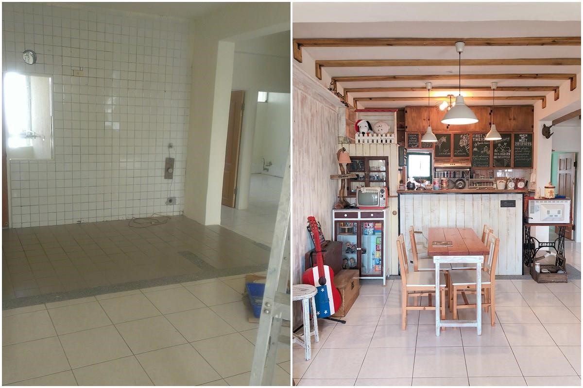 廚房施工前（左），廚房完工後（右）。