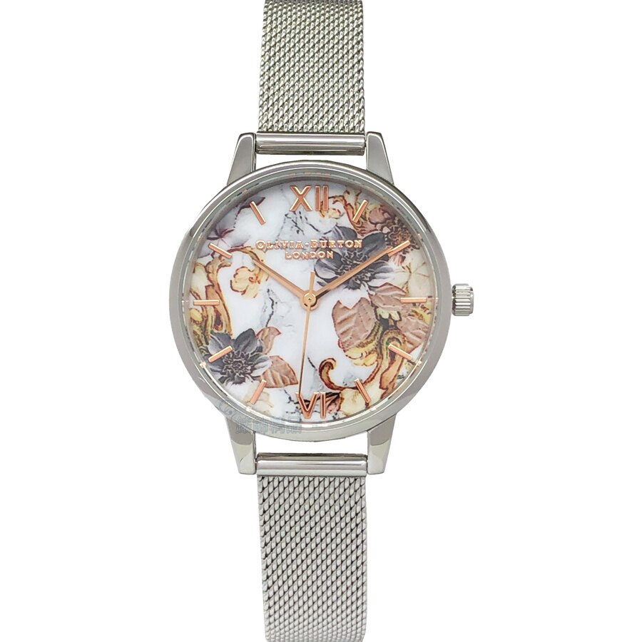 OLIVIA BURTON 手錶 OB16CS16 復古色調花朵 銀色金屬網狀錶帶 女錶 30mm【錶飾精品】