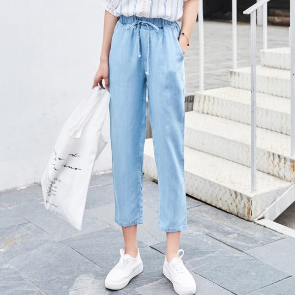 2019夏季韓版九分褲天絲超薄牛仔褲女休閒哈倫鬆緊帶高腰小腳褲子