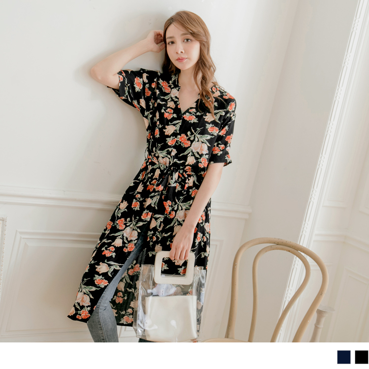 氣質花朵印花半開襟排釦綁帶洋裝/罩衫