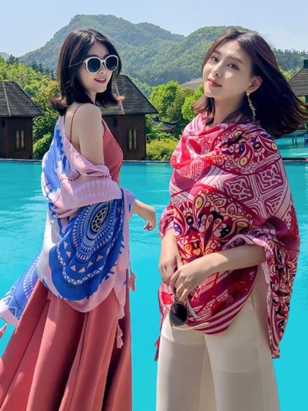 防曬披肩超大沙灘巾海邊紗巾夏季薄款絲巾女百搭紅色圍巾