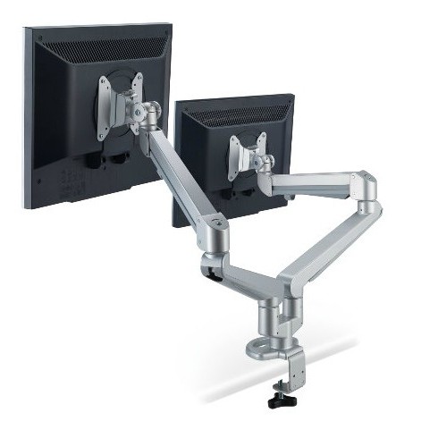 (雙螢幕)氣壓式無段定位螢幕可左右180度,旋轉360度伸降高度:200mm - 500mm旋臂長:各48公分承載重量:各2-8公斤適用尺吋:15吋-24吋材質:鋁合金適用孔位:75*75,100*1