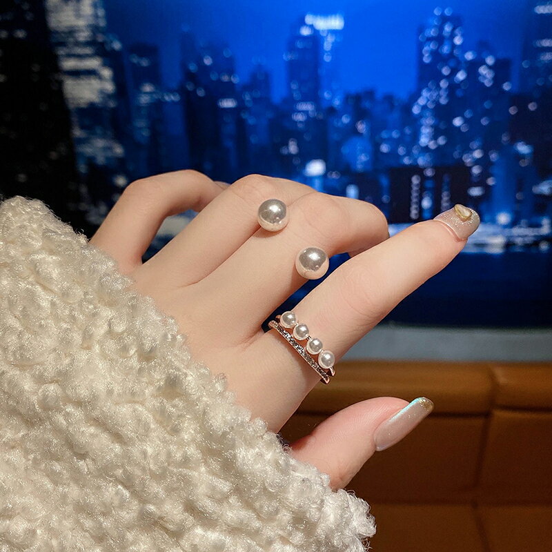 珍珠雙層開口戒指女韓國氣質網紅個性時尚食指簡約百搭可調節指環