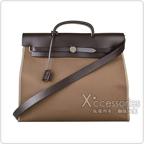 HERMES HERBAG ZIP 39PM銀釦LOGO鎖頭設計帆布牛皮陪襯手提斜背包(展示品/39cm/卡其)
