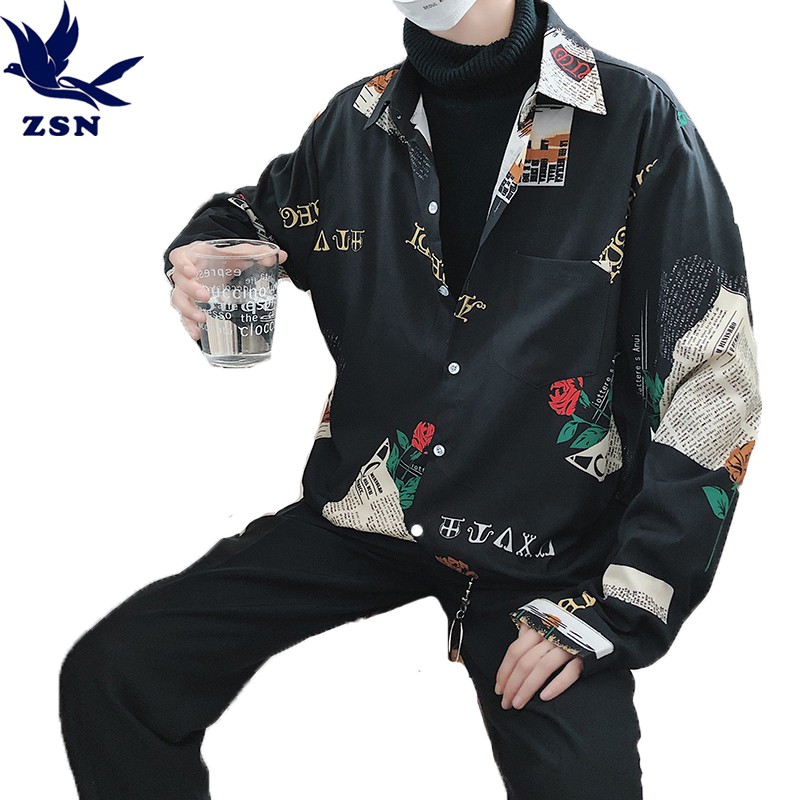 大尺碼M-5XL港風長袖花卉襯衫 寬鬆帥氣潮牌印花夏威夷襯衫 長袖襯衣 嘻哈風日系外穿百搭襯衫 青春流行四季穿長袖衣著