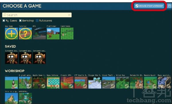 1.同樣在「GAME LIBRARY」中，可於第一排體驗官方推出的FPS等遊戲，亦可在「Workshop」區域找到其他玩家設計的作品，點選右上角「Browse Steam Workshop」可獲得更多。