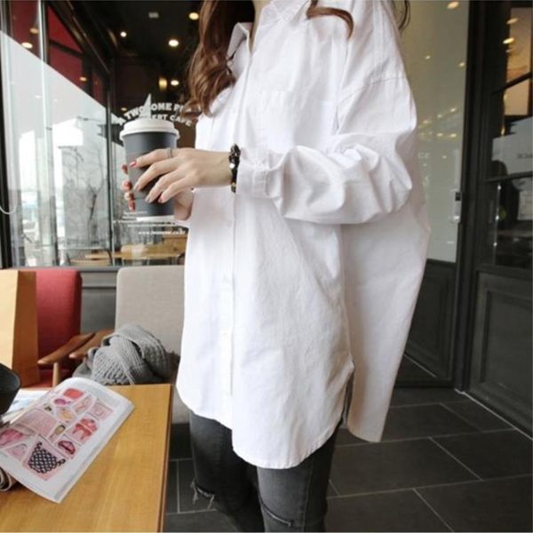 韓版白襯衫女春秋款大尺碼寬寬鬆百搭長袖中長款BF男友風大版棉質襯衣