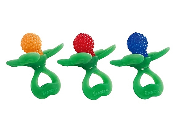 採用安全無毒的食品級顏料 結合固齒與奶嘴功能，3種口感整顆可咬可吸吮 止癢及安撫情緒 通過SGS認證