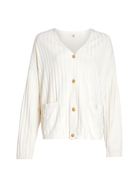 Understated and elegant cardigan with a modern dropped shoulder and high-contrast buttons.; V-neck; 