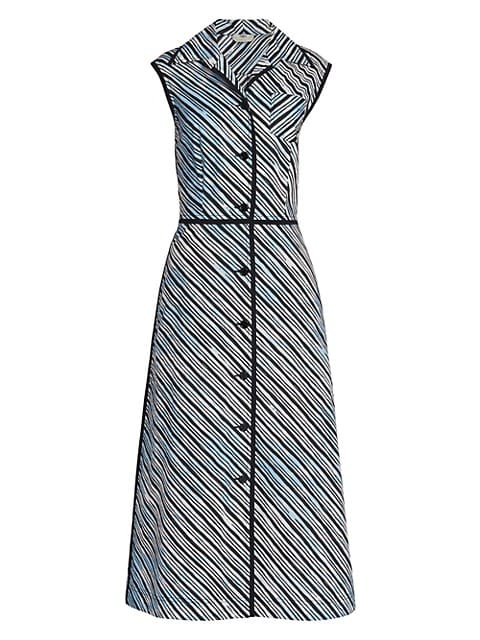 70s-inspired shirtdress with a crisp spread collar for a tailored look. The bold diagonal motif adds
