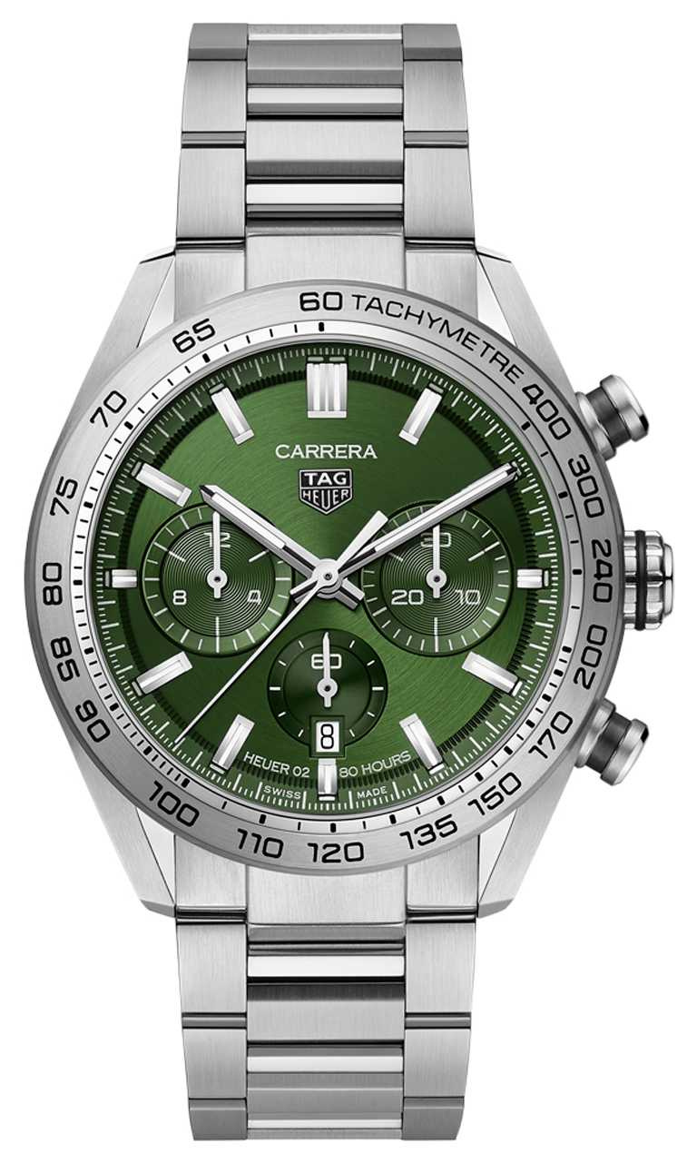 TAG HEUER「Carrera Sport自動計時腕錶」綠面精鋼款，精鋼錶殼，44mm╱188,400元。（圖╱TAG HEUER提供）