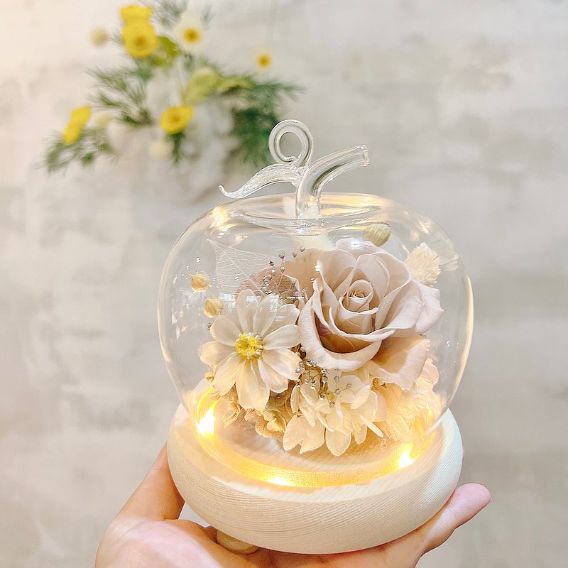 奶茶色/蘋果/永生花/乾燥花/夜燈/玻璃盅/玻璃罩