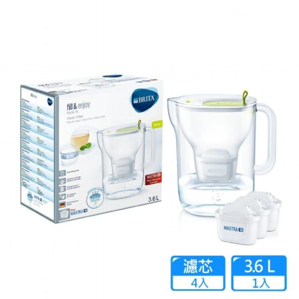 【德國BRITA】Style 3.6L純淨濾水壺_萊姆綠+3入MAXTRA Plus濾芯(共4芯)