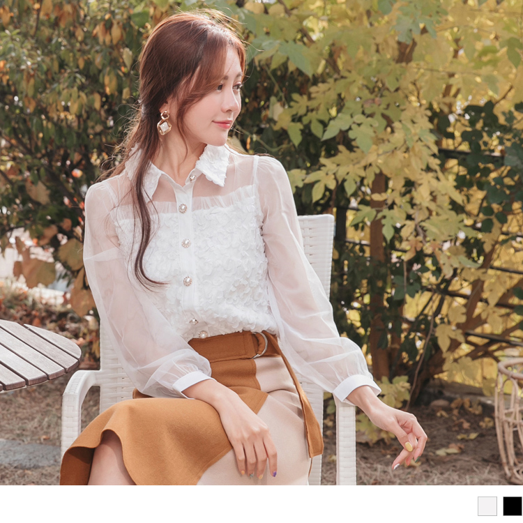採用細緻立體蕾絲燒花設計，營造優雅氣質氛圍。 透膚網紗拼接，穿出高雅女人品味。 珍珠鈕釦細節，打造微復古的典雅時尚。 此款2色長袖上衣/襯衫，適合派對女神穿搭、婚禮賓客穿搭、情人節穿搭，擄獲眾人目光!