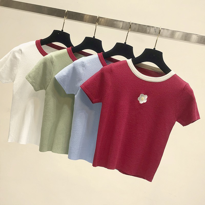 [現貨] 花朵繡花冰絲針織T恤衫 拼色圓領素面T恤 短款T恤 休閒上衣 學院風修身顯瘦百搭T恤 閨蜜上衣