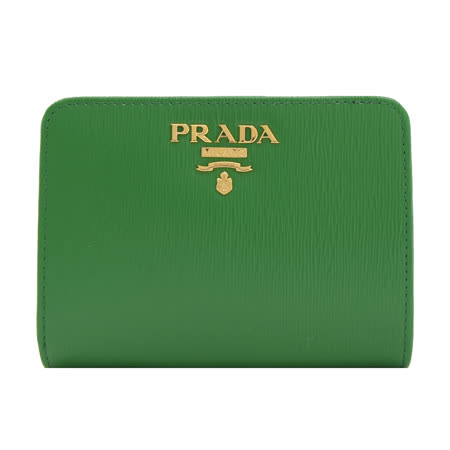 PRADA 專櫃商品 1ML018 浮雕 LOGO水波紋扣式中夾.綠